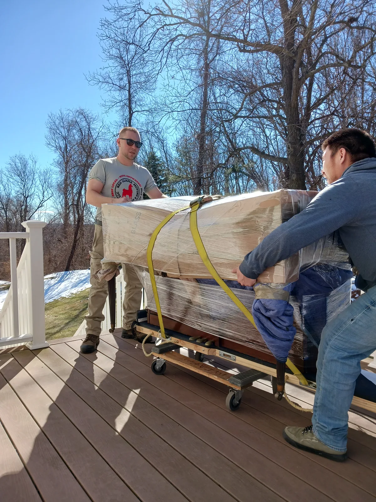 Red Llama movers protecting wrapped furniture.